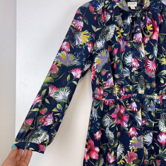 J.Crew XS Floral Tie-Neck Knee Length Dress Navy Blue Fit & Flare Dress - Picture 5 of 13